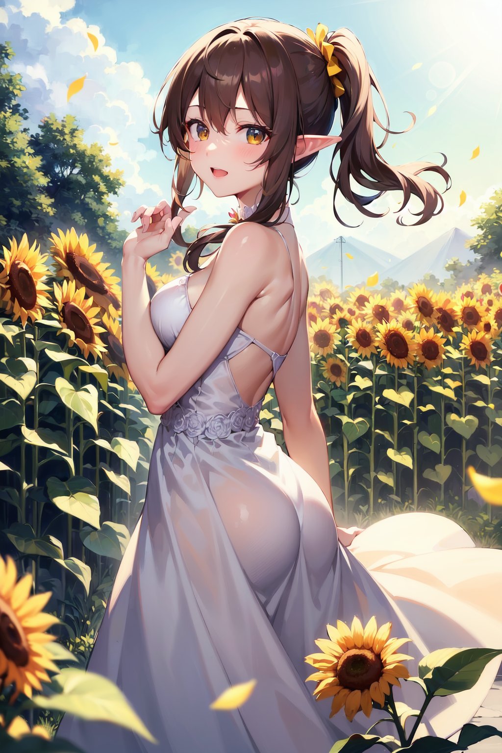 (masterpiece, best quality, highres:1.3), ultra resolution image, (1girl), (solo), kawaii, blonde hair, long flowing hair, elf, emerald eyes, gentle breeze, sunflowers, sunflower field, petal, sparkling magic, (soft sunlight:1.3), fantasy, nature accessories, happy, (side ponytail:1), (brown hair:1), (brown eyes:1)