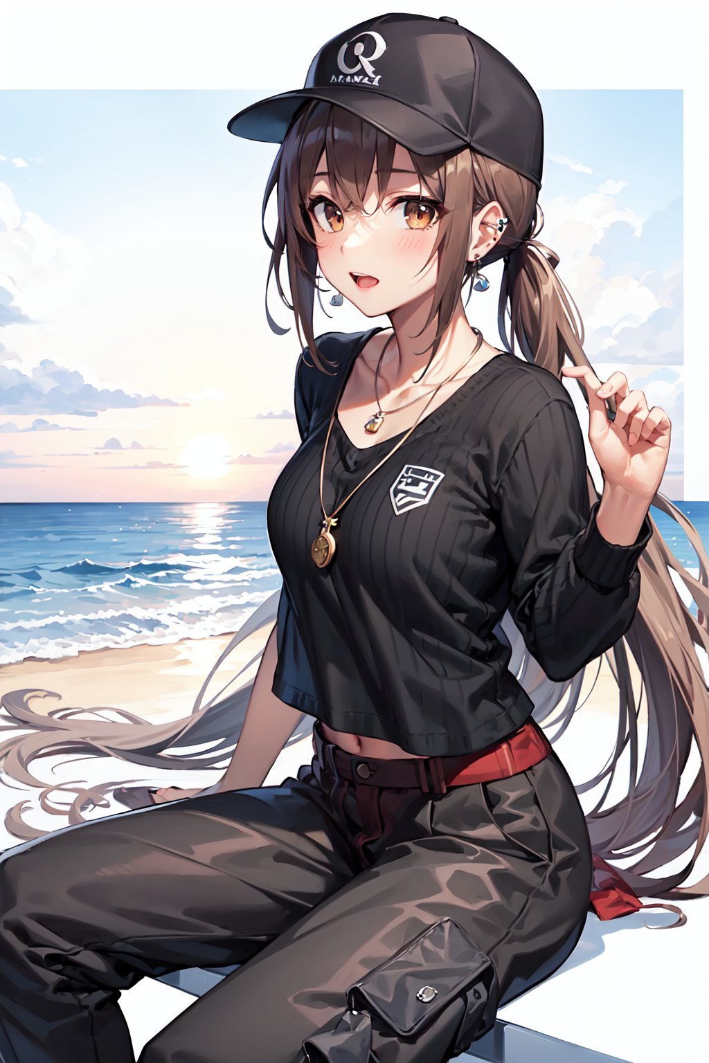 1girl,grey blonde hair(very long hair, curly_hair),long ponytail,hiphop dancer,wearing all black clothes (loose fit top and wide cargo pants),sneakers,accessories(necklace,ear_rings)baseball cap, sitting at sea bank,horizon,seaside,vivid sea color,red lighthouse,sunset,Best Quality, 32k, ultra-detailed, finely detailed, high resolution, perfect dynamic composition, beautiful detailed eyes, sharp-focus, cowboy_shot,  brown hair, twintails, very very long hair, brown eyes