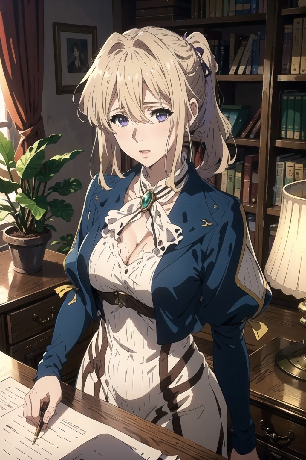 best quality, masterpiece, highres, solo, (cattleya_baudelaire_violetevergarden:1.10), 1girl, looking at viewer, anime coloring, bookshelf, upper body, anime_style, 3 ,violwt_evergarden_violetevergarden,violet evergarden,exposed legs,exposed_breasts, thick body, blonde_hair,ponytail hair,cosplay,cattleya_baudelaire_violetevergarden,smut face