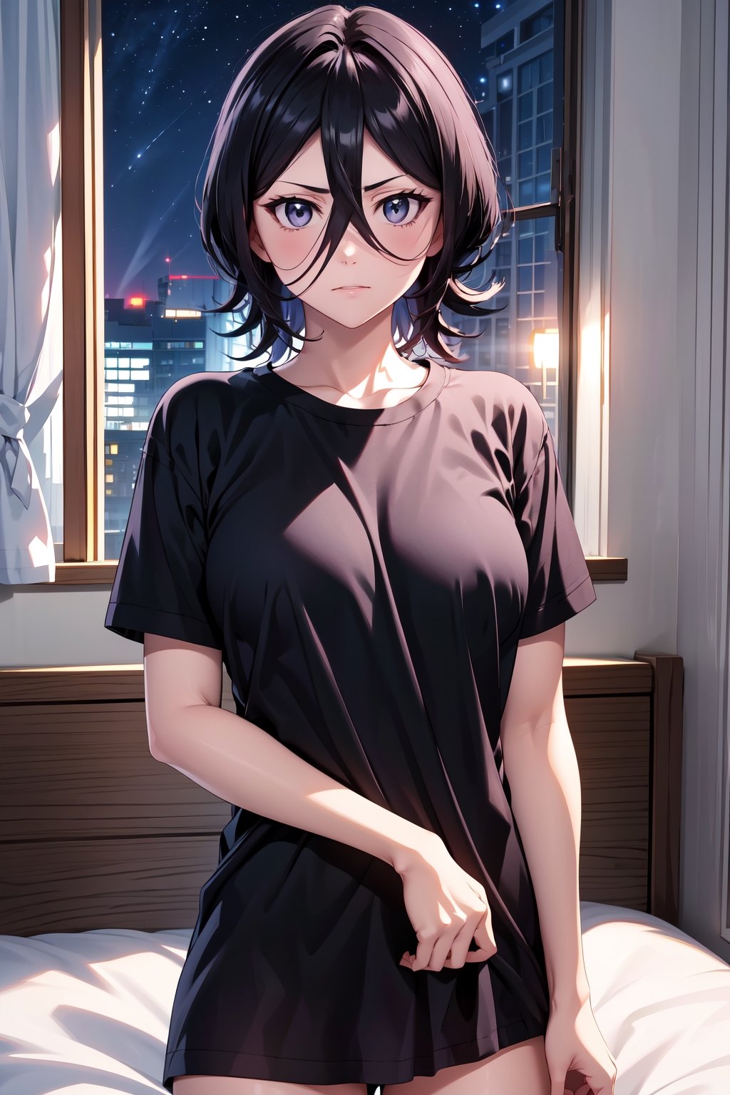 masterpiece, best quality, highres,detailed background looking at viewer,coverc, night,window,Waifu,Rukia,black oversize t shirt logo on it,kuchiki_rukia