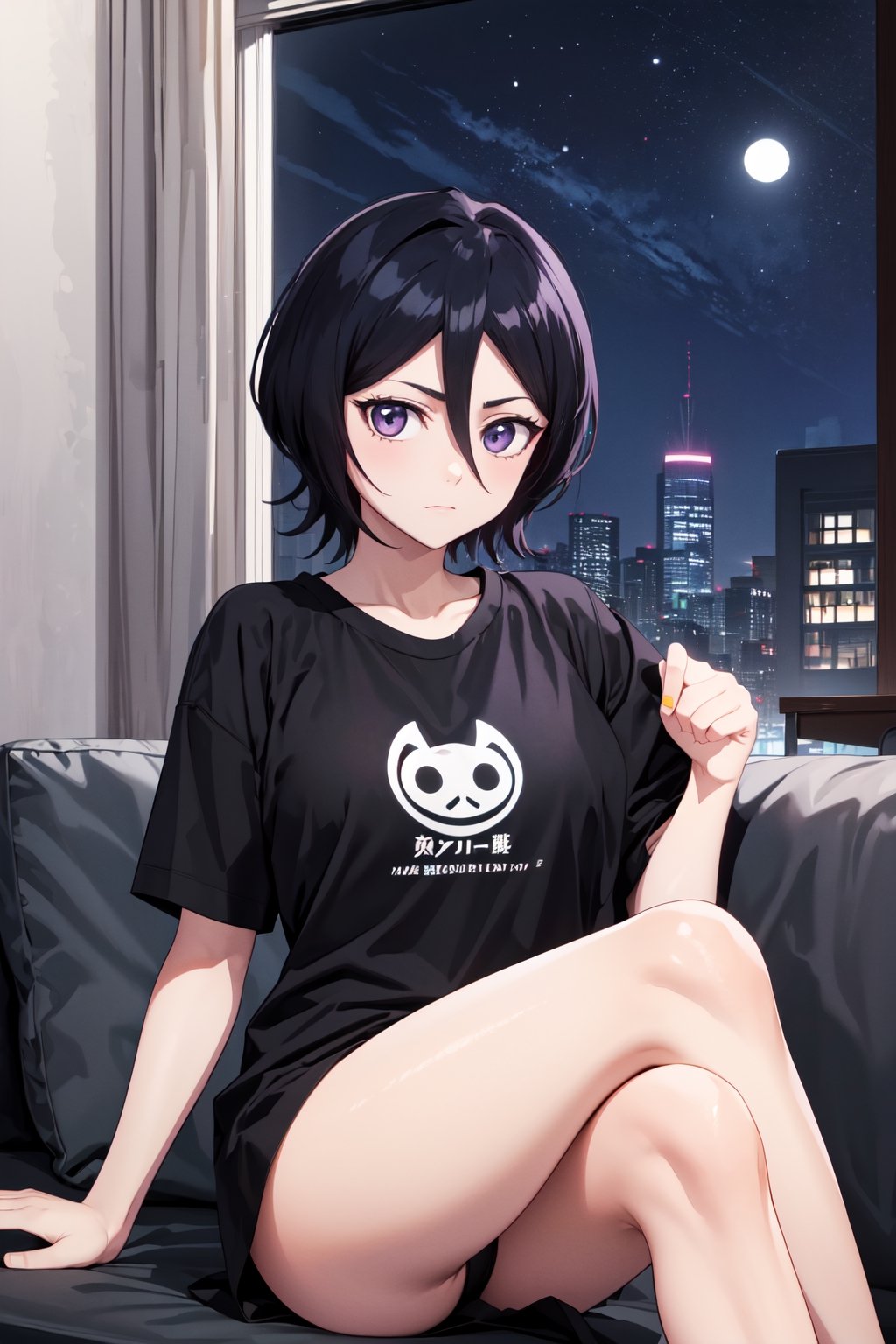 masterpiece, best quality, highres,detailed background looking at viewer,coverc, night,window,Waifu,Rukia,black oversize t shirt logo on it,kuchiki_rukia, japanese clothes,crossed_legs_(sitting)