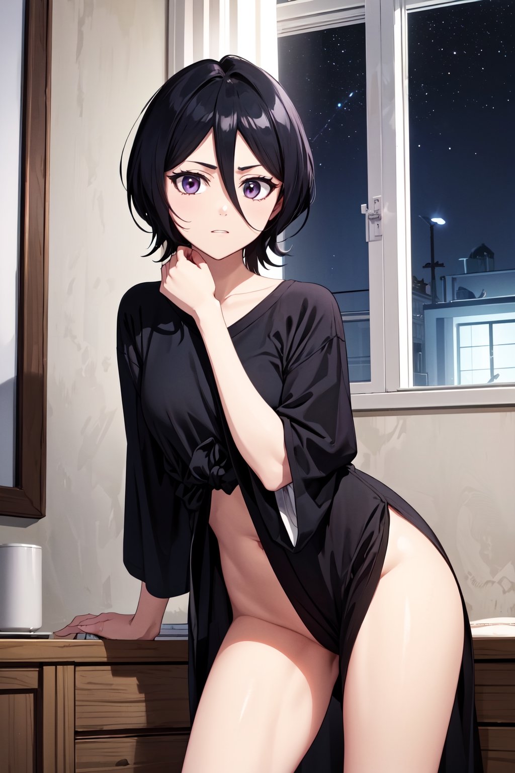 masterpiece, best quality, highres,detailed background looking at viewer,coverc, night,window,Waifu,Rukia,black oversize t shirt logo on it,kuchiki_rukia, japanese clothes