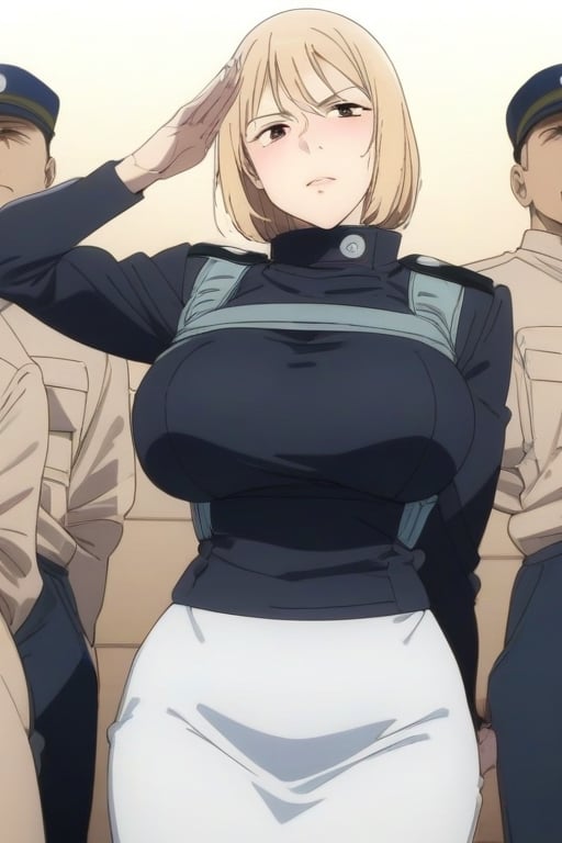 (masterpiece), (best quality), (ultra-detailed), (best illustration), (best shadow), (absurdres), 1girl, solo, ,anisphia_wynn_palettia, Swat vest, girl,mature female,yorumac, exposed_breasts,Jujutsu Kaisen Season 2 Anime Style, crowded, soldier salute, looking serious