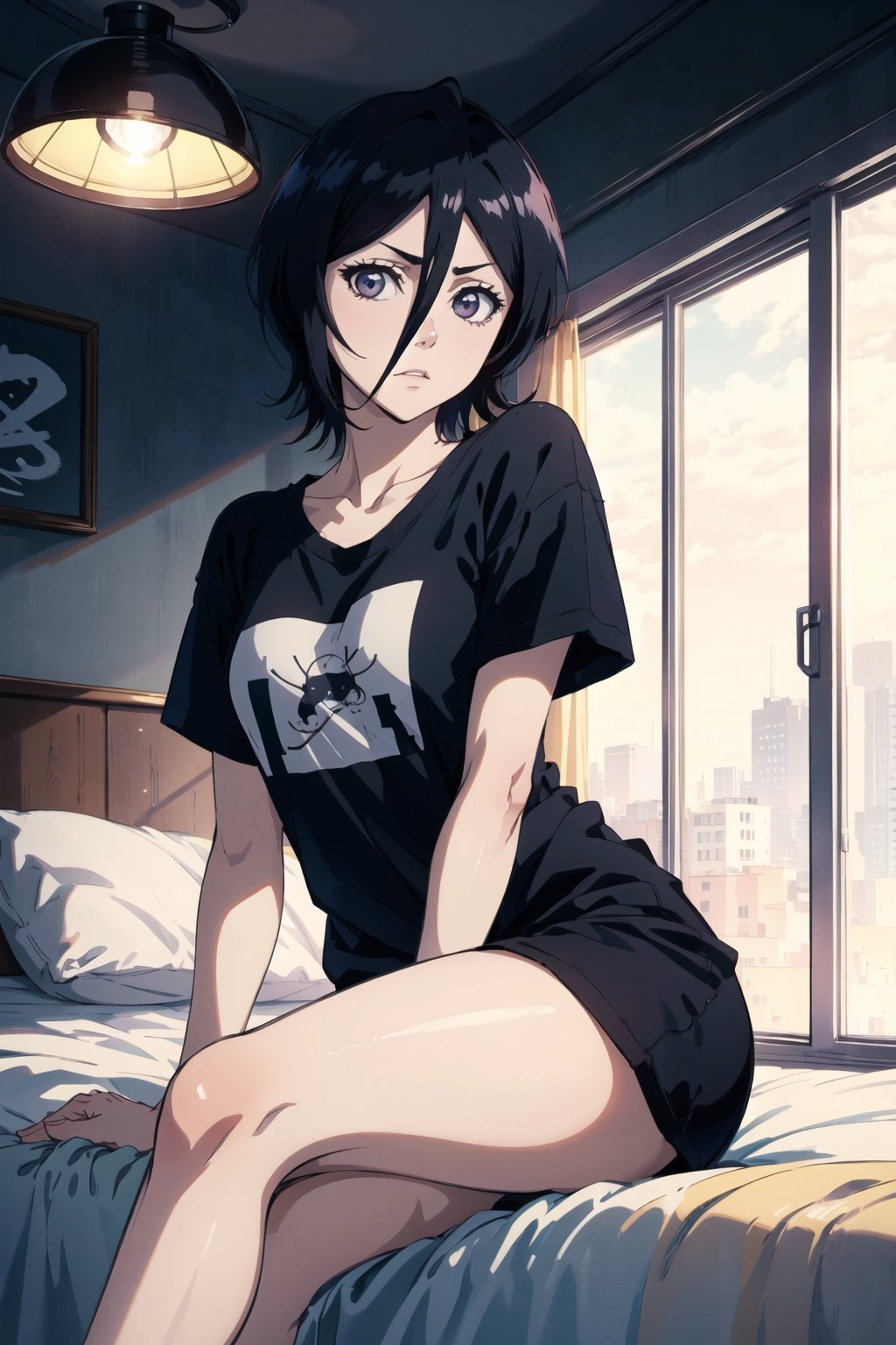 masterpiece, best quality, highres,detailed background looking at viewer,coverc, night,Waifu,Rukia,black oversize t shirt logo on it,kuchiki_rukia,,crossed_legs_(sitting), black hair,sit on bed