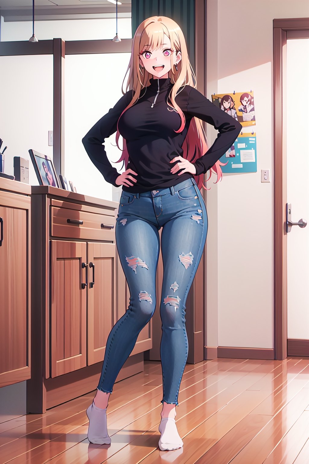 30 years old,
no shoes,modeling pose, foreground,full_body,oversized jeans,black ankle socks,kitagawa marin sb,kitagawa marin sb,1girl, solo, open mouth, grin, smile,long hair, blonde hair, red eyes, multicolored hair, earrings,breasts