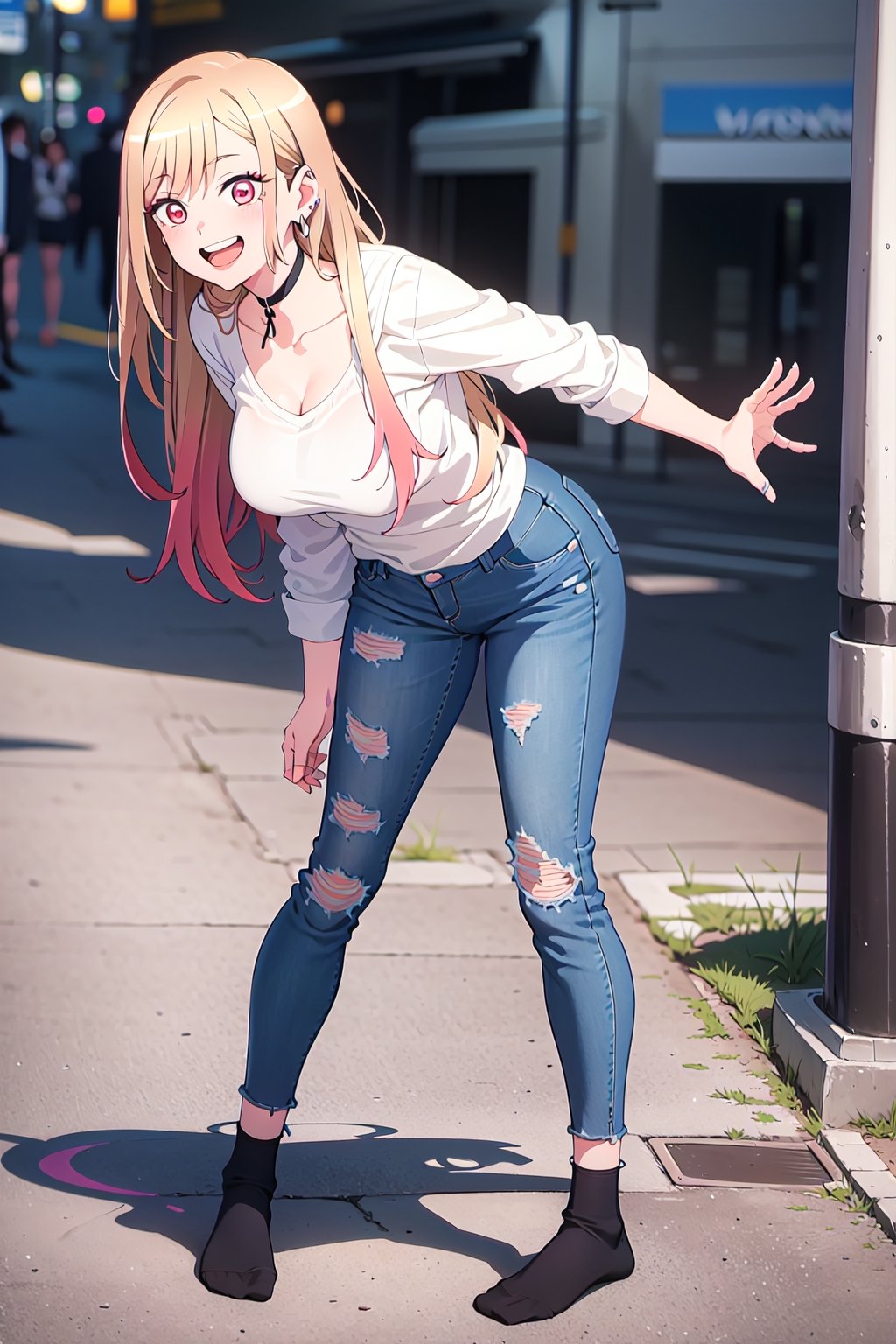 30 years old,
no shoes,modeling pose, foreground,full_body,oversized jeans,black socks,kitagawa marin sb,kitagawa marin sb,1girl, solo, open mouth, grin, smile,long hair, blonde hair, red eyes, multicolored hair, earrings,breasts