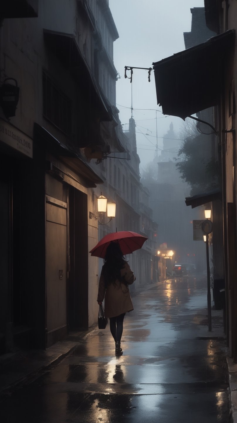 a painting showing A WOMAN walking in rain on a street, in the style of tonalist color scheme, light bronze and red, 20th century art, gloomy, quadratura, pensive stillness, meticulously detailed