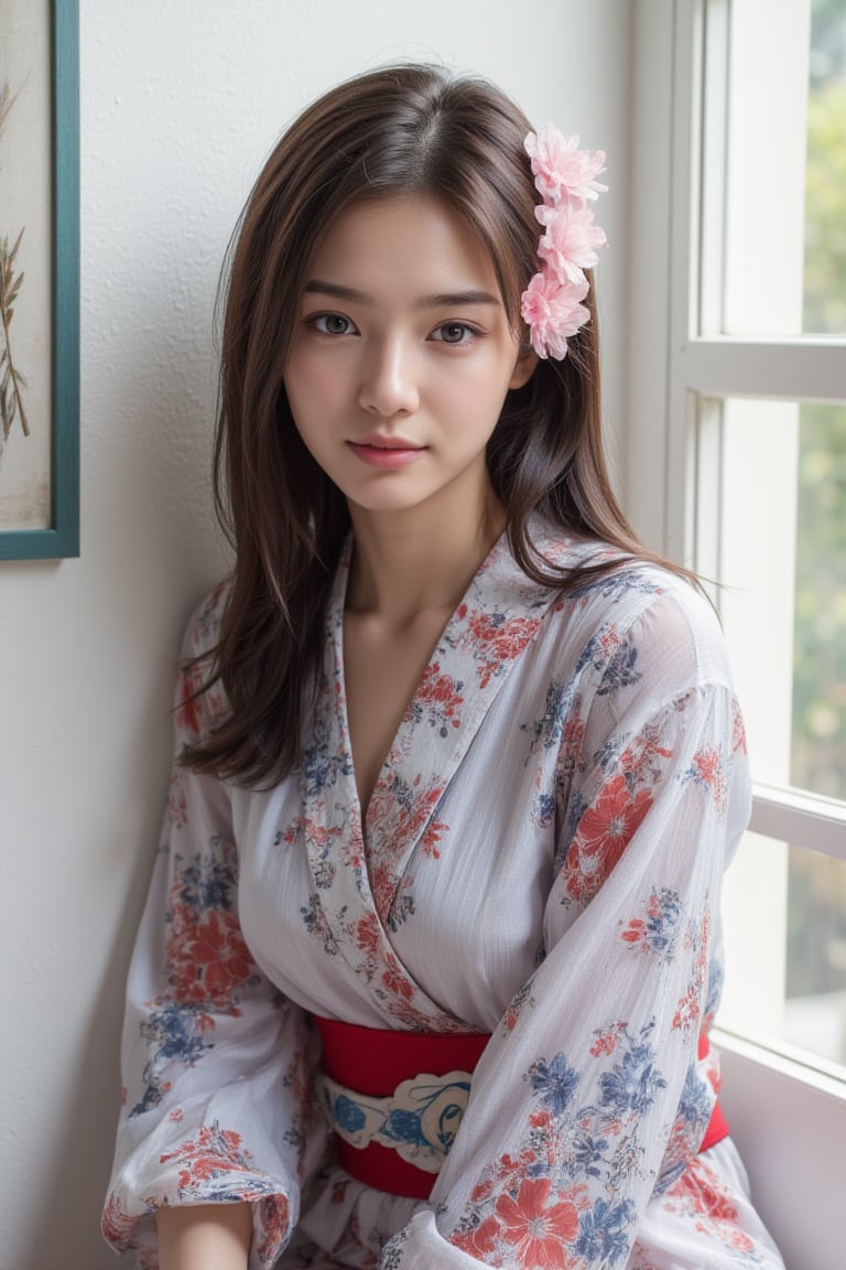 This digital artwork features a highly realistic and detailed style, suggesting an artist skilled in creating lifelike digital portraits. The composition centers on a young woman sitting by a window, wearing a kimono adorned with red and blue floral patterns. Her long, dark hair is accented with pink flowers, complementing her serene and contemplative expression. The soft focus background, with hints of green trees and white sky, accentuates the peaceful ambiance. Natural light filters through the window, casting a gentle glow on her face and highlighting the delicate textures and colors in the image. Overall, the artwork exudes a calm and ethereal beauty.