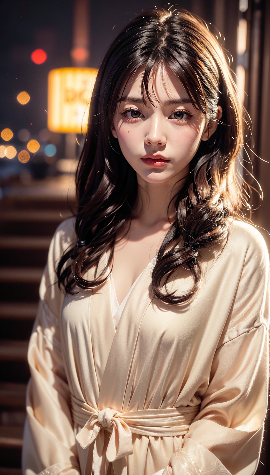 Japanese girl wearing a Japanese bathrobe on a sailboat and looking into the camera at the audience. Pieces, bangs, victory curls, gray eyes, a little m, mouth slightly open, upper teeth, high pubic bone, narrow chin, natural beauty, slender waist, medium chest, small eyes, night photography, night beauty, city lights, starry sky, Astronomical wonders, moonlit mountain views, urban glow, capturing the essence of darkness, ethereal atmosphere, dramatic shadows, magical atmosphere, long exposure techniques, expert use of light sources