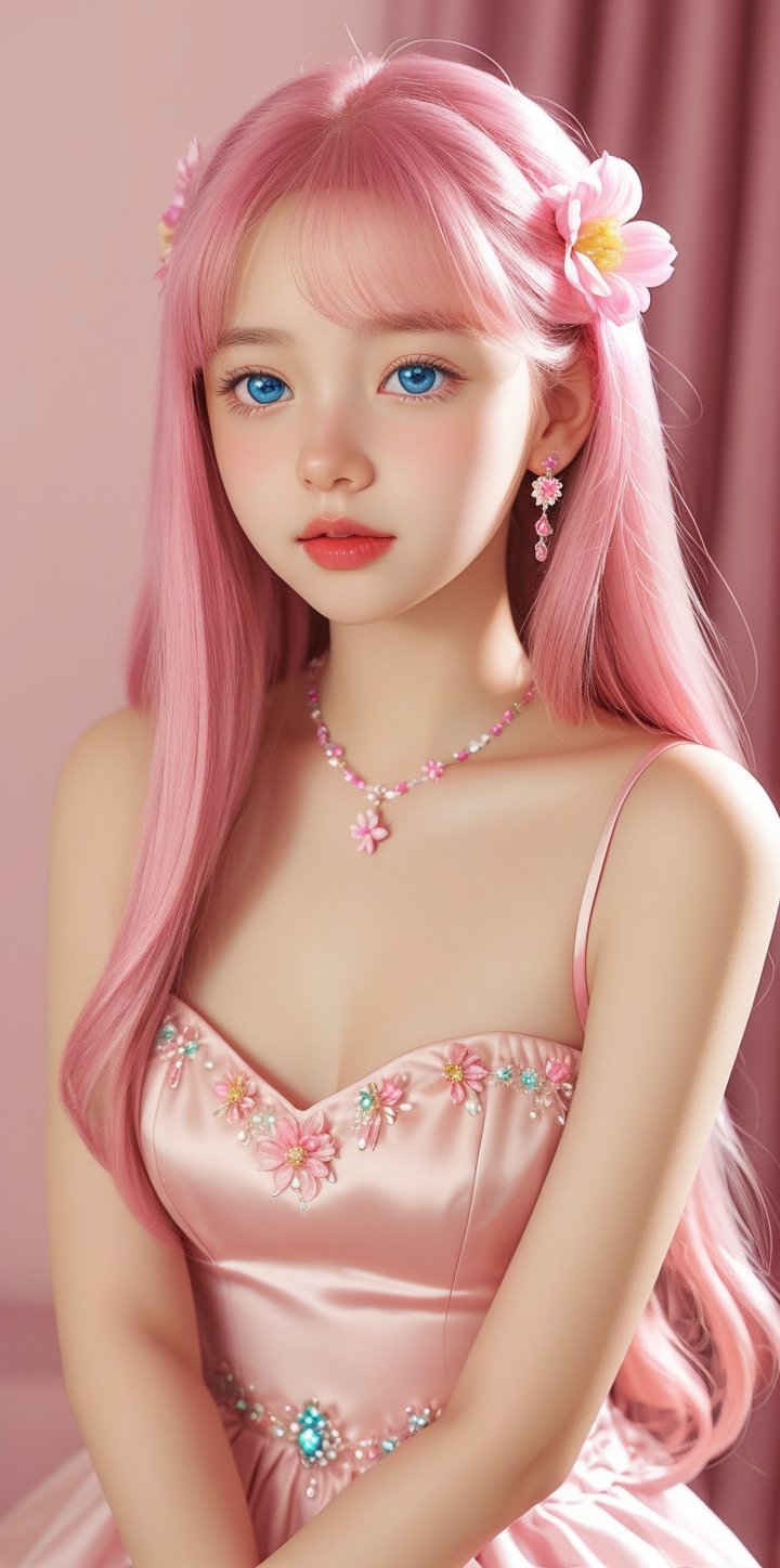 1girl, solo, long hair, looking at viewer, blue eyes, hair ornament, jewelry, upper body, pink hair, flower, earrings, hair flower, mole, eyelashes, makeup, glowing, rose, lipstick, portrait, red lips