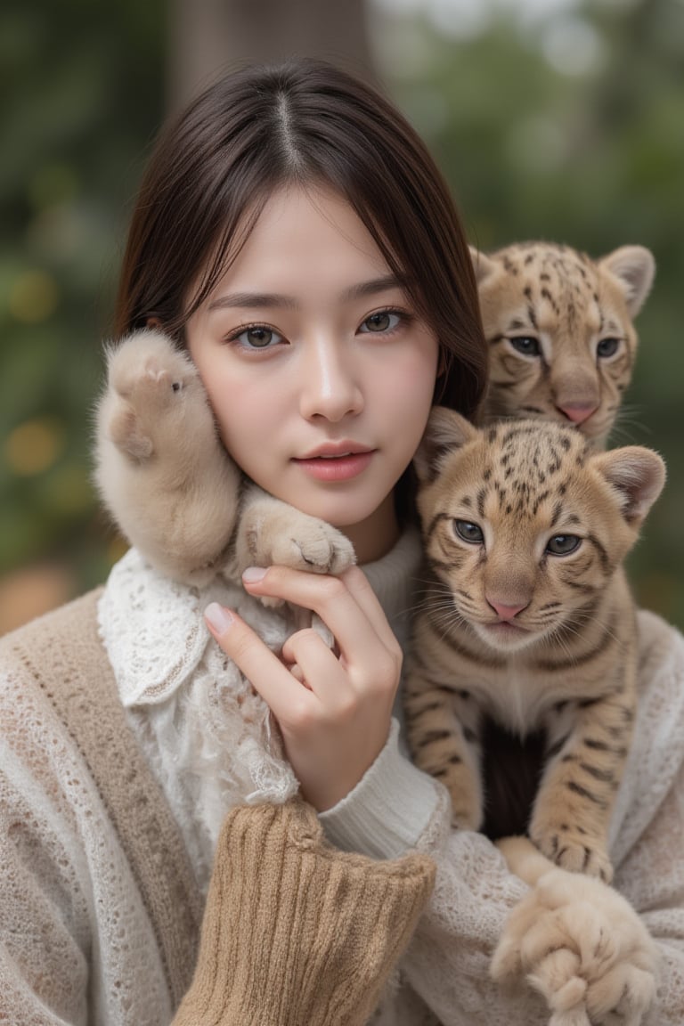 Real portrait photography, Taiwanese beauty, surrounded by several cute jaguar babies, little white lion babies, and short-legged cat babies, looking straight ahead with a smile, very beautiful