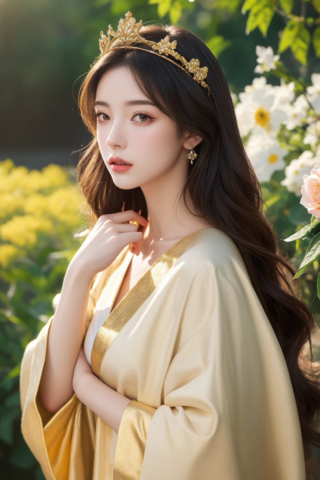 This image showcases a hyper-realistic digital art style created by artificial intelligence. At the center of the composition is a young woman whose features are detailed and realistic, demonstrating advanced digital illustration skills. She wears an elegant, transparent robe trimmed with gold and wears a crown of yellow flowers. Her hair was long and dark, matching her gold accessories. The background depicts lush greenery and large white blooming flowers, enhancing the dreamy and nature-inspired theme. The light is soft and natural, adding a dreamlike quality to the scene. The woman in the painting exudes tranquility and glorious beauty, blending perfectly with the floral surroundings.