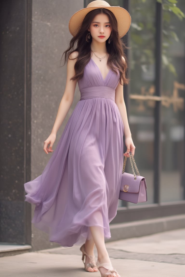 Portrait photography, a Taiwanese girl, looking at the camera, wearing a champagne purple ARMANI dress, a Harper's hat, holding a bag of the same color from the boutique brand CHANEL, GUCCI shoes on her feet, a refreshing and casual private dress, exuding all over her body A girly look