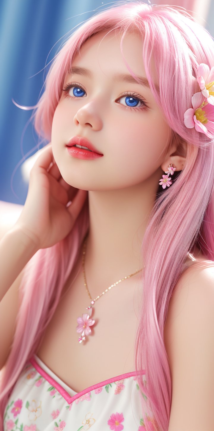 1girl, solo, long hair, looking at viewer, blue eyes, hair ornament, jewelry, upper body, pink hair, flower, earrings, hair flower, mole, eyelashes, makeup, glowing, rose, lipstick, portrait, red lips