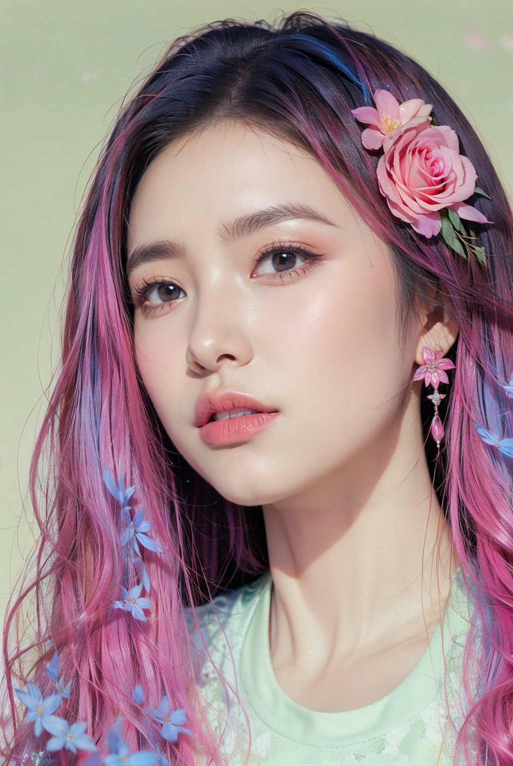 1girl, solo, long hair, looking at viewer, blue eyes, hair ornament, jewelry, upper body, pink hair, flower, earrings, hair flower, mole, eyelashes, makeup, glowing, rose, lipstick, portrait, red lips