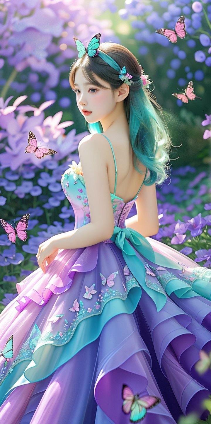 The image appears to be a digital artwork featuring a young woman, created in a highly realistic yet slightly fantasy style. The focal point of the composition is the woman, wearing a flowing purple and aqua ombre gown with floral detailing, looking back. She is surrounded by butterflies in colorful lights that match her outfit. The background is a soft blur of aqua blue and purple, suggesting a dreamy garden setting. The lighting highlights her soft features and adds a magical glow to the scene, enhancing the ethereal quality of the artwork. Small sparkling details and soft changes of light and shadow give the images a whimsical and enchanting atmosphere.