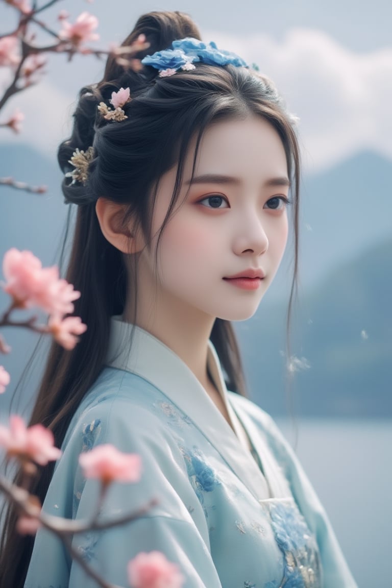 The image features a visually enchanting digital art style, possibly produced by a modern artist specializing in hyperrealistic or semi-realistic digital portraits. The composition centers on a young woman with an intricate hairstyle adorned with blue floral ornaments. She wears traditional Chinese Hanfu with soft blue and green hues and delicate floral embroidery. The background depicts a serene, blurry natural setting with mountains and a body of water. Pink flowers on the left side add a touch of additional color and detail. The subject's gentle smile and soft features contribute to the overall calm and picturesque ambiance of the artwork.