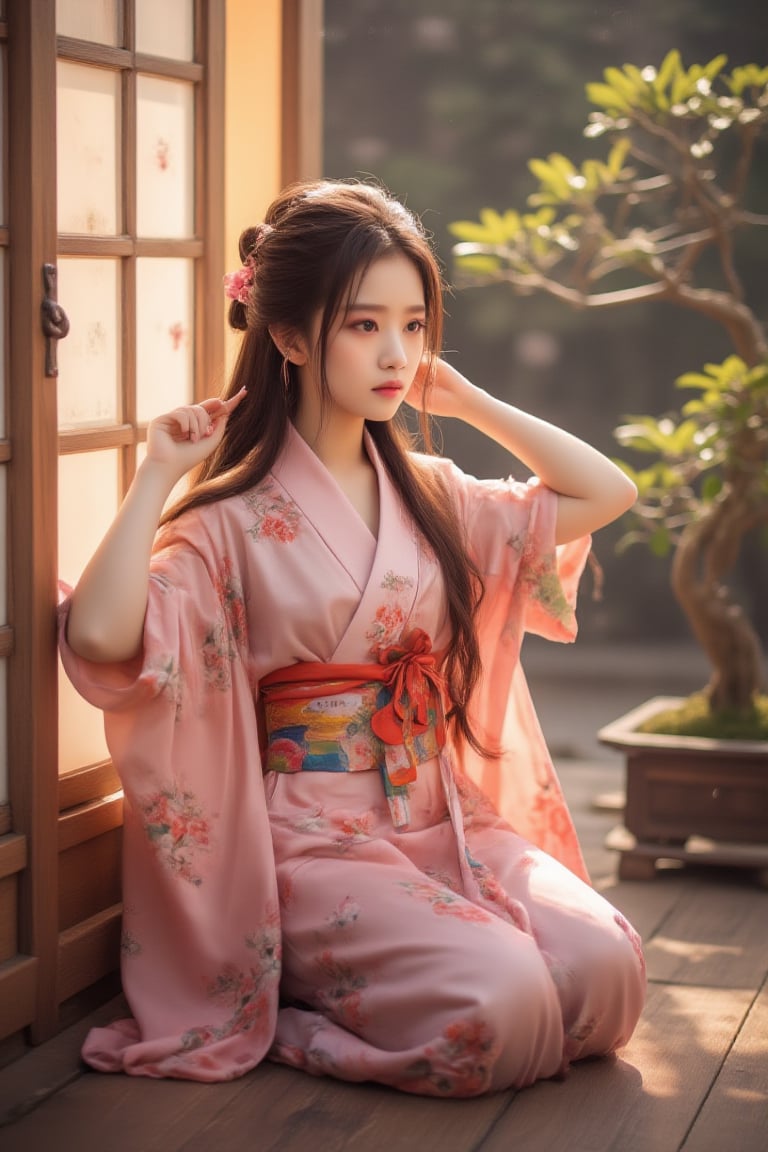 Realistic portrait photography, playing Yadouzi from Demon Slayer: Kimetsu no Yaiba. The picture shows a young Korean woman with long brown hair, wearing a pink floral patterned yukata and a colorful sash, kneeling on the wooden floor by the window. She put her hands behind her head in a casual and candid pose. Bright sunlight pours in, casting a warm glow on her and the wooden interior. The backdrop includes a bonsai landscape and traditional Japanese architecture, showcasing a tranquil cultural environment. The overall composition is balanced, blending traditional clothing with a modern and relaxed atmosphere.