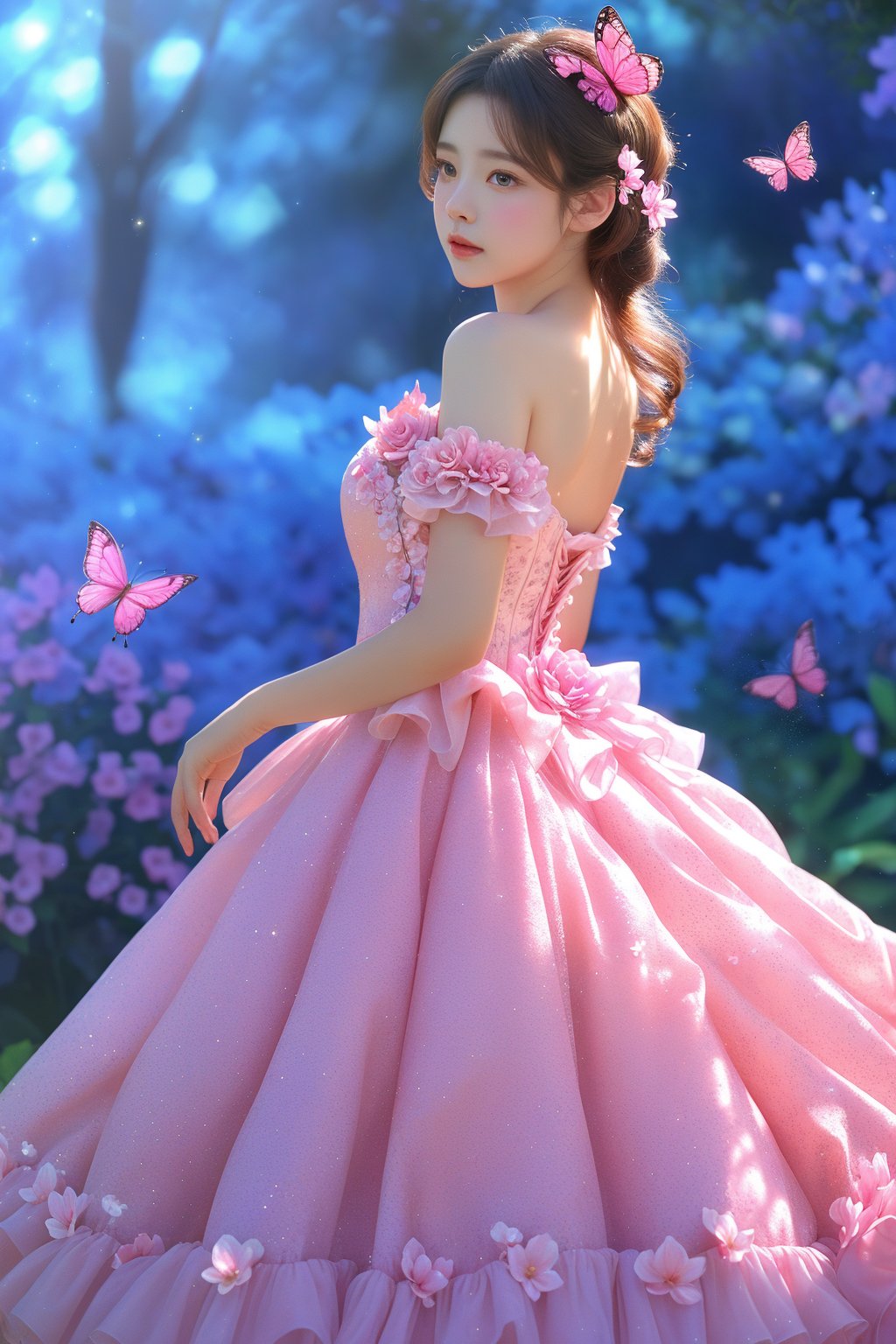 This image appears to be a digital artwork featuring a young woman, created in a highly realistic, yet slightly fantastical style. The composition focuses on the woman, who is looking over her shoulder, clad in a flowing pink gown adorned with flower details. She is surrounded by pink butterflies, complementing her attire. The background is a soft blur of blue and purple hues, suggesting a dreamlike garden setting. The lighting highlights her soft features and adds a magical glow to the scene, enhancing the ethereal quality of the artwork. Small sparkling details and the gentle play of light and shadow give the image a whimsical and enchanting atmosphere.