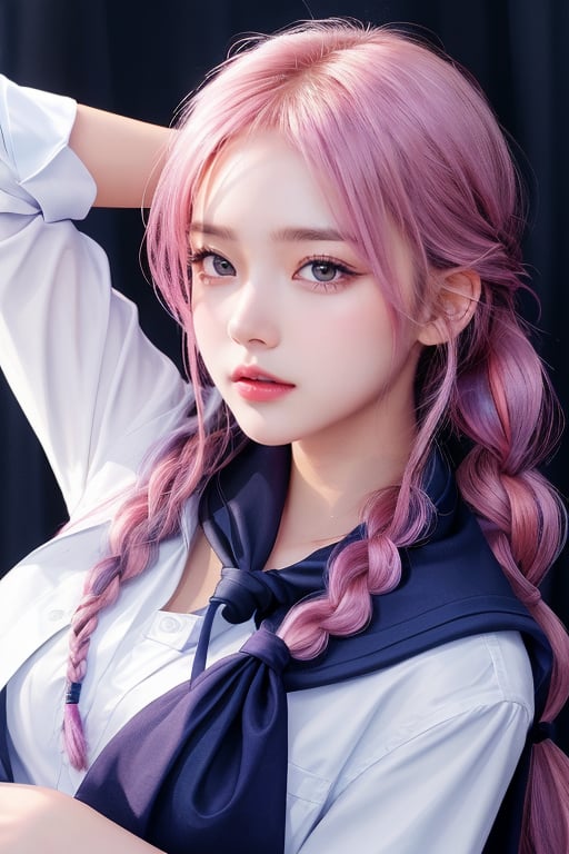 1girl, solo, looking at viewer, smile, long hair, shirt, closed mouth, school uniform, purple eyes, white shirt, upper body, short sleeves, pink hair, braids, lying down, double braids, Serafuku, back, sailor collar, arms raised, lips, scarf, realistic, depth of field, blue scarf