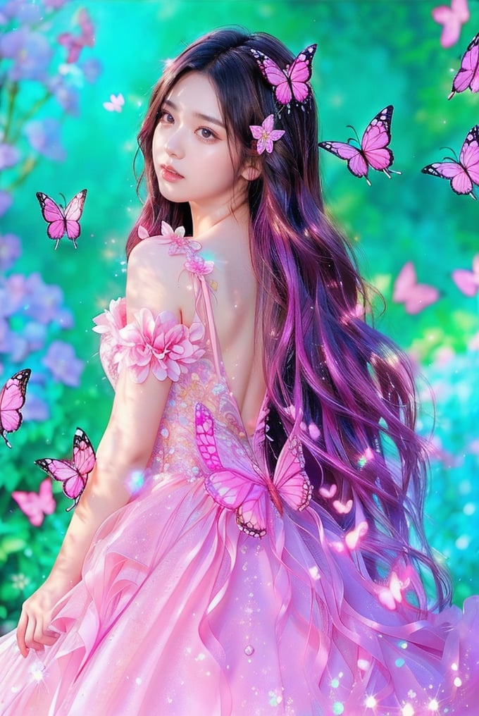 This image appears to be a digital artwork featuring a young woman, created in a highly realistic, yet slightly fantastical style. The composition focuses on the woman, who is looking over her shoulder, clad in a flowing pink gown adorned with flower details. She is surrounded by pink butterflies, complementing her attire. The background is a soft blur of blue and purple hues, suggesting a dreamlike garden setting. The lighting highlights her soft features and adds a magical glow to the scene, enhancing the ethereal quality of the artwork. Small sparkling details and the gentle play of light and shadow give the image a whimsical and enchanting atmosphere.