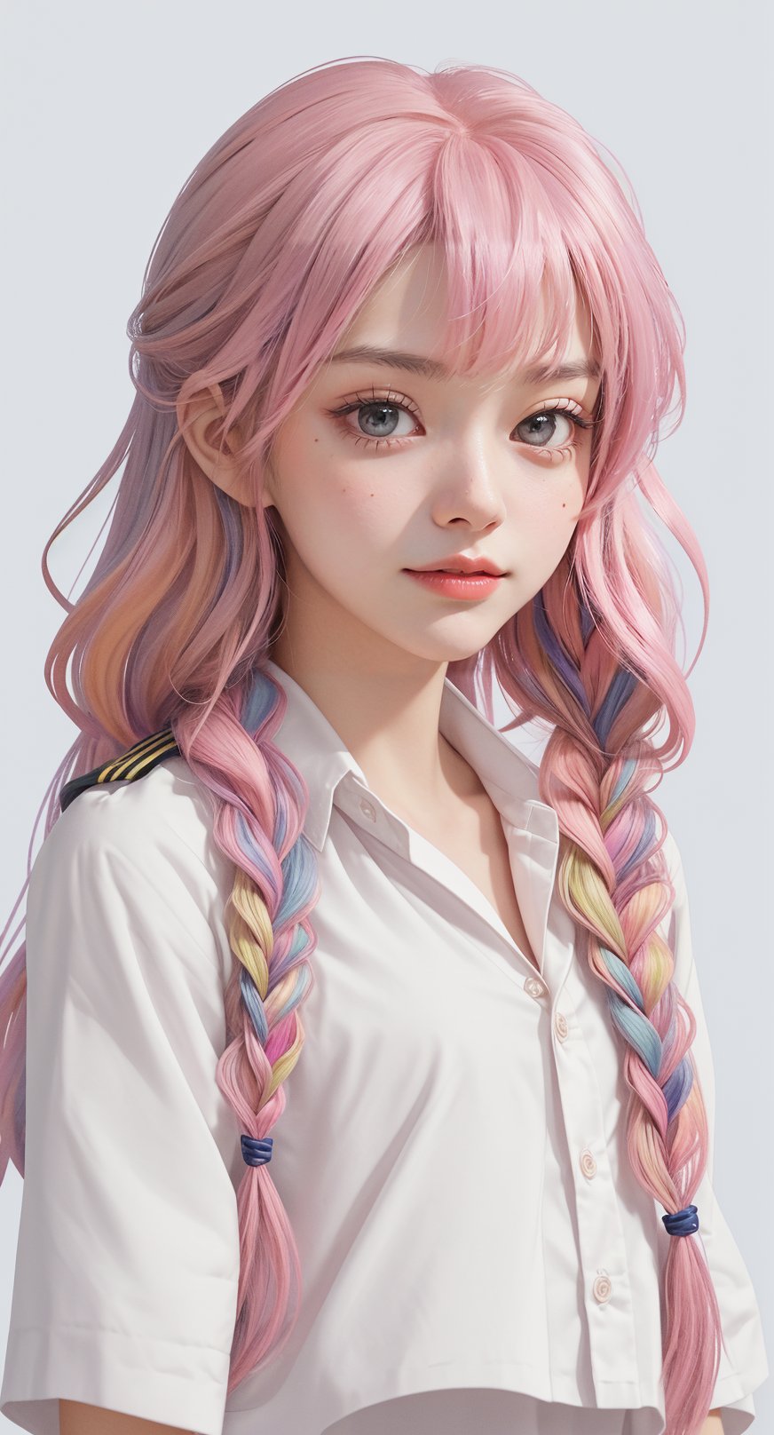 1girl, solo, long hair, looking at viewer, smile, bangs, brown hair, shirt, brown eyes, school uniform, white shirt, upper body, pink hair, braid, short sleeves, multicolored hair, lying, teeth, serafuku, sailor collar, twin braids, lips, neckerchief, gradient hair, realistic