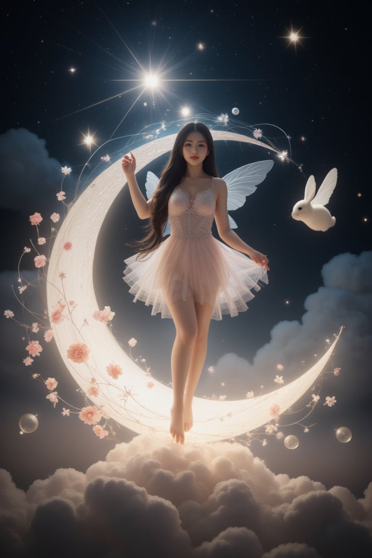 This is a portrait photo of a petite Japanese beauty with flowing hair and gorgeous and exquisite clothing. The image focuses on a fairy-like female character standing gracefully on a crescent moon made of transparent, luminous material. There are delicate floral and celestial elements surrounding it, including an adorable flying bunny. The background is a dark void filled with stars, highlighting the brilliance of the moon and the characters. Details like her translucent skirt, fairy wings, floral prints and flowing bubbles create a dreamy, magical atmosphere.