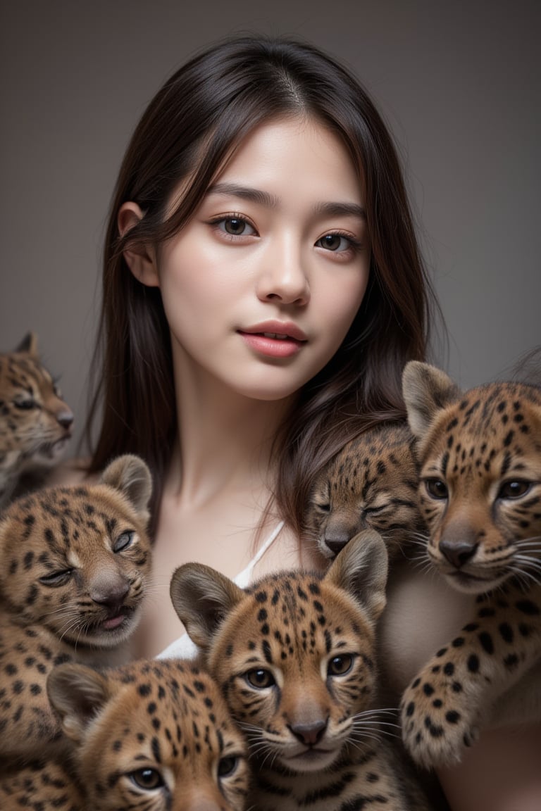 Real portrait photography, Taiwanese beauty, surrounded by several cute jaguar babies, smiling straight ahead, very pretty