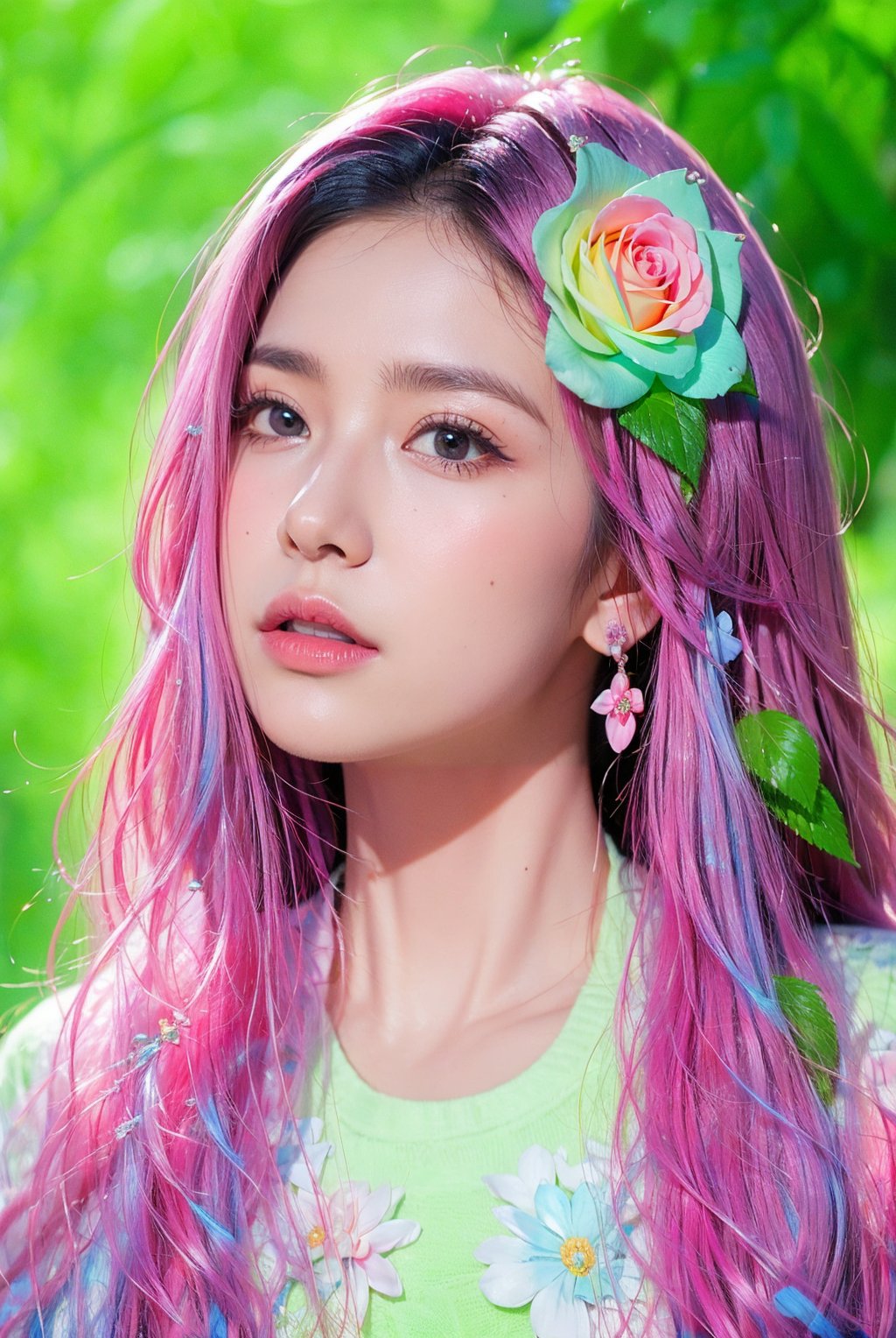 1girl, solo, long hair, looking at viewer, blue eyes, hair ornament, jewelry, upper body, pink hair, flower, earrings, hair flower, mole, eyelashes, makeup, glowing, rose, lipstick, portrait, red lips