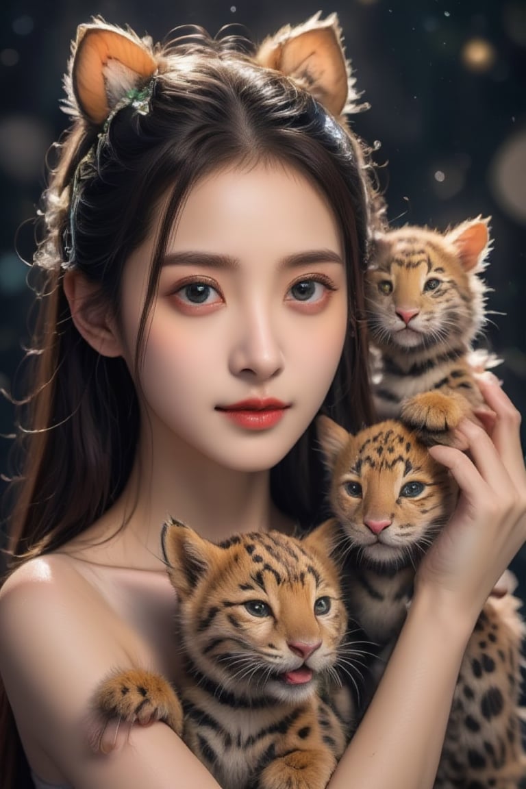 Real portrait photography, Taiwanese beauty, surrounded by several cute jaguar babies, smiling straight ahead, very pretty