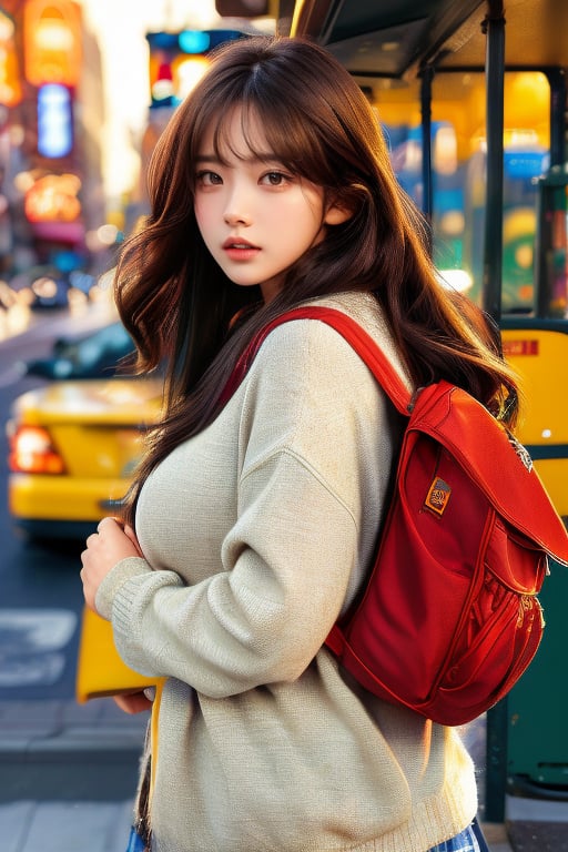 This digital artwork features a hyper-realistic style, with meticulous attention to detail and vibrant colors. It appears to depict a young woman with long, flowing dark hair and a contemplative expression, leaning against a street-side bus stop. She carries a red backpack over her shoulder and is dressed casually in a light-colored sweater. The background showcases a bustling urban street scene with buses in motion and blurred signage, capturing a transient everyday moment in the city. Sunlight and shadows play across the scene, adding depth and dimension. The artist effectively uses soft focus and warm, natural lighting to give the scene a dreamy, lifelike quality.