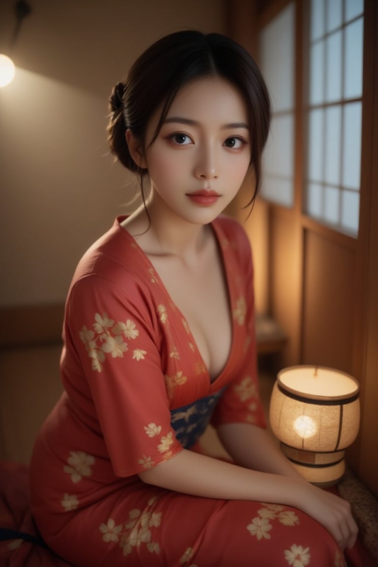 This image is reminiscent of hyper-realistic digital art, possibly by an artist specializing in 3D modeling. The composition features a close-up of a young woman with large, expressive eyes. She is dressed in a traditional red kimono with golden floral patterns, and she's seated on a tatami floor beside a lit lantern. Her makeup is meticulously detailed, with bold red lips and delicate eye shadow. The background includes shoji screens, contributing to a tranquil, classic Japanese interior setting. The lighting is soft, emphasizing her porcelain-like skin and the intricate details of her attire.