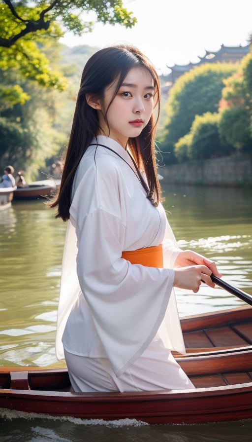 Masterpiece, real photo, (solo) real light and shadow, evening time, HDR backlighting, contour light, long straight reddish-brown hair, lovely Chinese beauty, wearing gorgeous Hanfu, the clothing highlights her perfect body curves, she is holding a plate There is a traditional Chinese rice dumpling. In the background, some people are paddling Chinese dragon-shaped boats by the river to celebrate the Dragon Boat Festival,4k,Ultra HDR