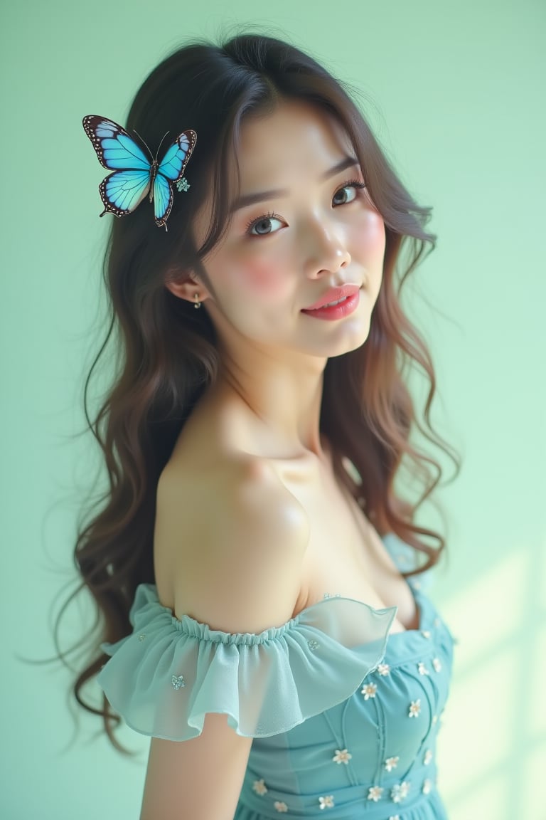 This highly realistic image appears to be a digital illustration by an unknown artist. The composition features a young woman gazing over her bare shoulder, her long, wavy hair adorned with a blue butterfly clip. She wears a light blue off-shoulder dress embellished with butterfly motifs. The background is a soft pastel green, providing a simple, clean contrast to the detailed focal subject. The image evokes an ethereal, fairy-tale-like quality with its delicate colors and intricate details. The subtle lighting accentuates the smooth texture and luminous quality of the subject's skin, making the overall visual serene and captivating.