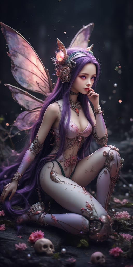 This image features a highly detailed, surreal art style with steampunk and cybernetic elements. The artist's attention to intricate details and textures stands out in the composition. The subject is a robotic-like fairy girl with long, flowing purple hair, seated with her legs drawn up. Her body integrates mechanical parts, gears, and wires, blending seamlessly with organic elements. She has luminous, large purple eyes and iridescent wings adorned with jewels and floral designs. The background is dark, accentuating the subject and highlighting the complexity of her form. Pearls, flowers, and small skulls are scattered throughout, adding a touch of whimsy and mystery to the scene.