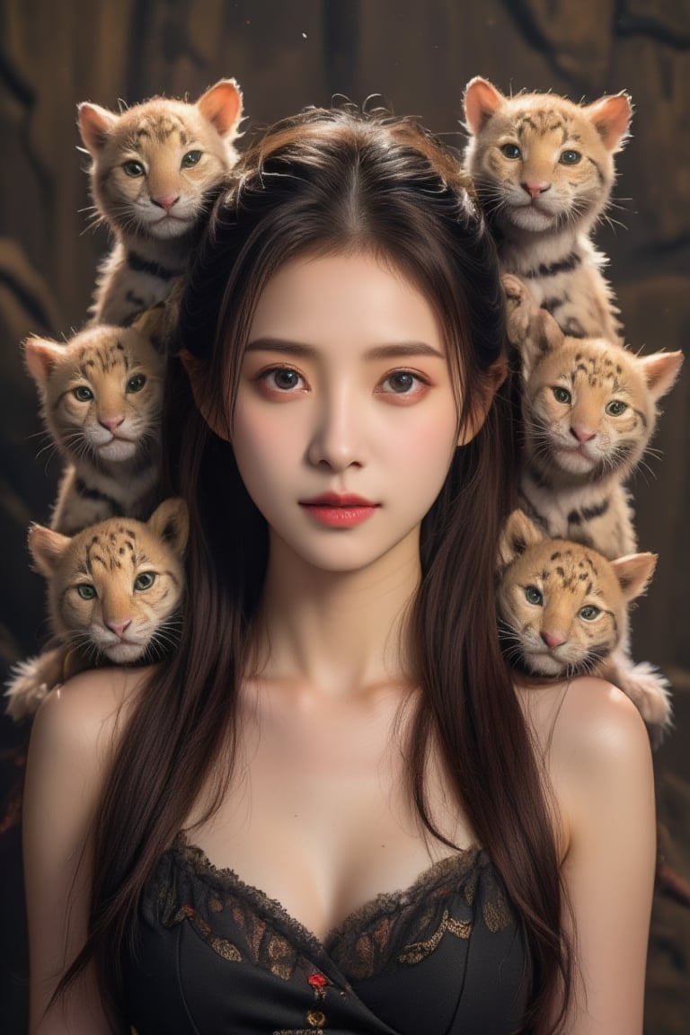 Real portrait photography, Taiwanese beauty, surrounded by several cute jaguar babies, smiling straight ahead, very pretty