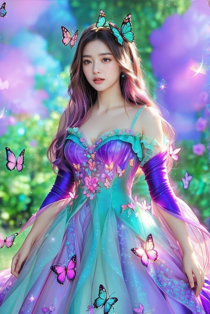 The image appears to be a digital artwork featuring a young woman, created in a highly realistic yet slightly fantasy style. The focal point of the composition is the woman, wearing a flowing purple and aqua ombre gown with floral detailing, looking back. She is surrounded by butterflies in colorful lights that match her outfit. The background is a soft blur of aqua blue and purple, suggesting a dreamy garden setting. The lighting highlights her soft features and adds a magical glow to the scene, enhancing the ethereal quality of the artwork. Small sparkling details and soft changes of light and shadow give the images a whimsical and enchanting atmosphere.