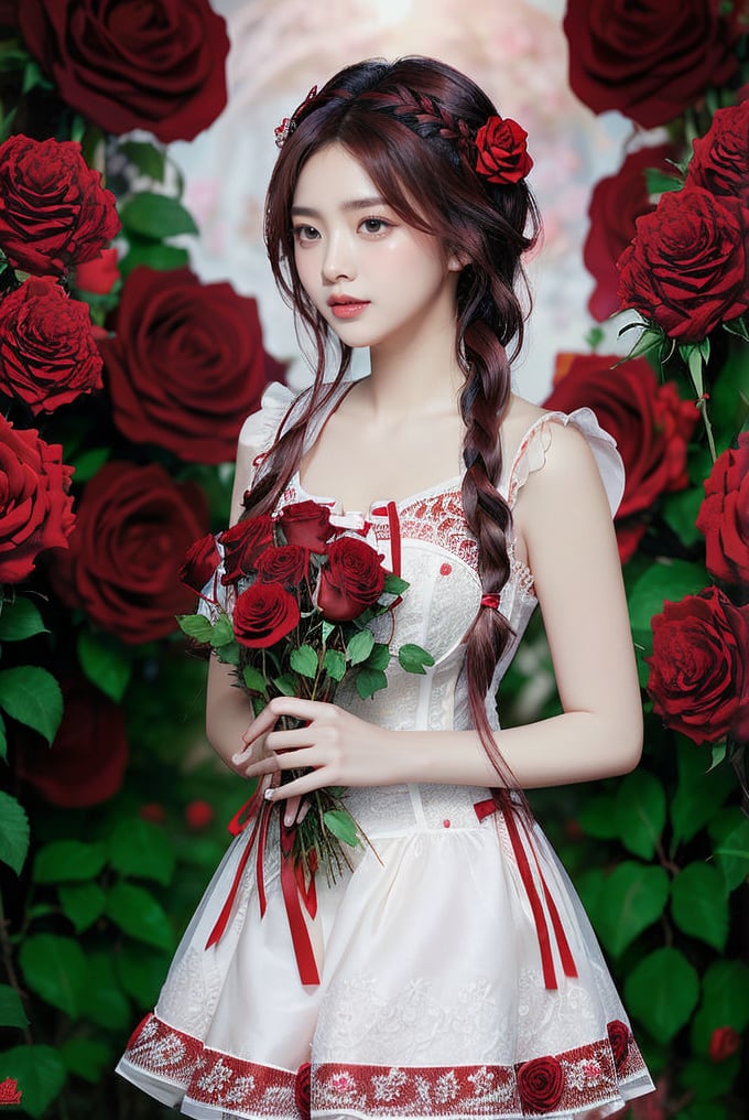 The image appears to be a high-quality, realistic digital artwork by AICardcat. The composition centers on a young woman holding a bouquet of red roses, which she looks at, evoking a sense of gentle elegance. She is dressed in a white lace-trimmed outfit with red accents. Her hair is styled neatly with a braid and adorned with small red roses. The background is filled with blooming red roses, adding a romantic atmosphere to the setting. The color palette predominantly features red and white, highlighting the floral theme and the subject's outfit. The artist's logo and copyright information are visible at the bottom of the image.