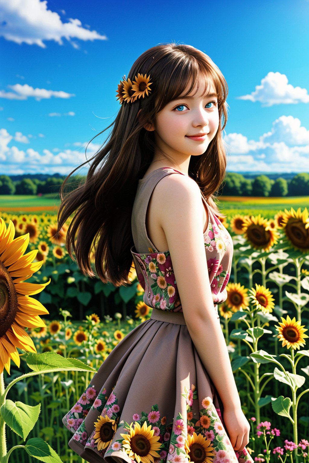 1girl, solo, long hair, looking at viewer, smile, bangs, blue eyes, skirt, brown hair, hair ornament, dress, flower, outdoors, parted lips, sky, day, looking back, cloud, hair flower, blue sky, floral print, sunflower, field, flower field