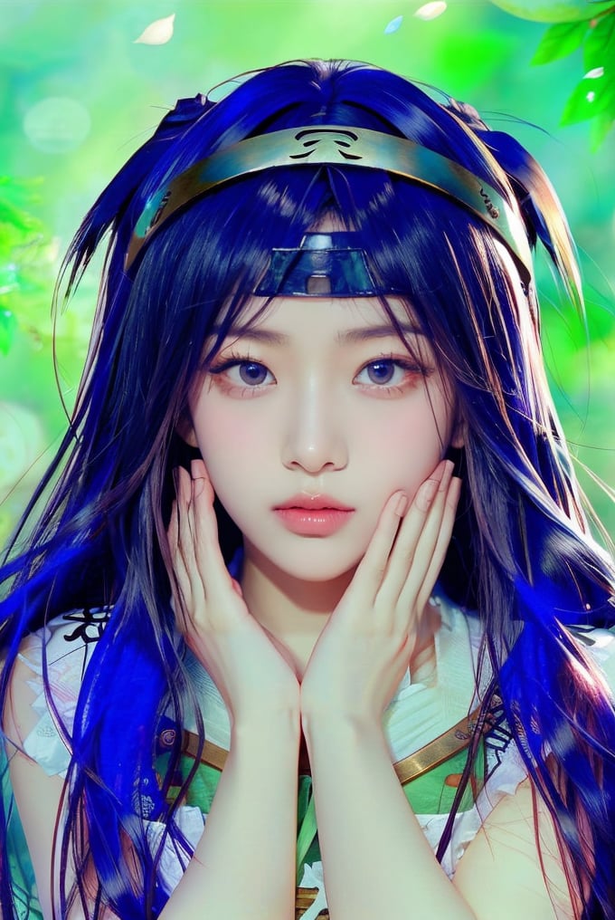 This image has a digital art style, possibly created by a skilled anime artist. The composition focuses on a close-up portrait of a female anime character from the Naruto series. She has long black hair, pale white eyes, and wears a ninja headband with a metal plate and village emblem. The background is blurry, with soft gradients of blue and green, possibly representing foliage or a bokeh light effect. The character's eyes are directed toward the viewer, her hands on her cheeks.