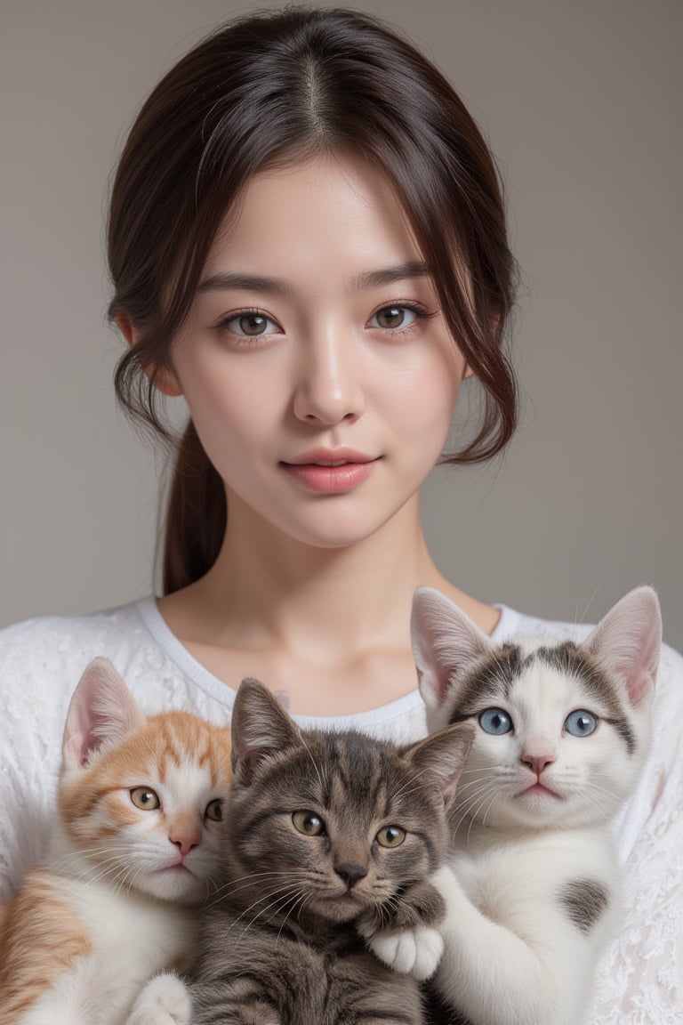 Real portrait photography, Taiwanese beauty, surrounded by several cute baby fold-eared cats, smiling straight ahead, very beautiful