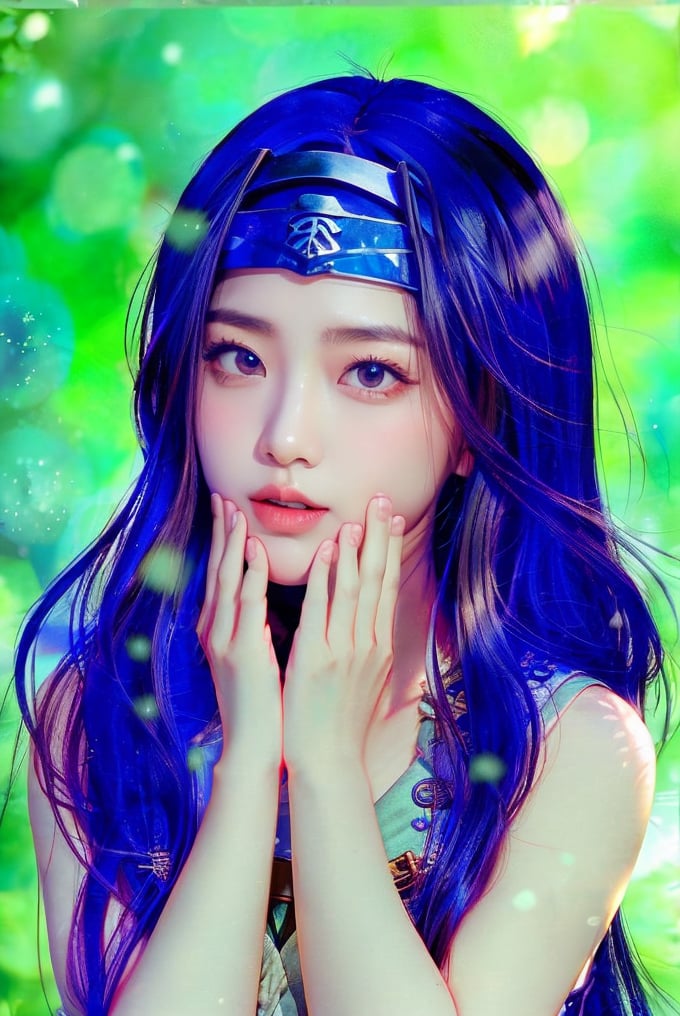 This image has a digital art style, possibly created by a skilled anime artist. The composition focuses on a close-up portrait of a female anime character from the Naruto series. She has long black hair, pale white eyes, and wears a ninja headband with a metal plate and village emblem. The background is blurry, with soft gradients of blue and green, possibly representing foliage or a bokeh light effect. The character's eyes are directed toward the viewer, her hands on her cheeks.