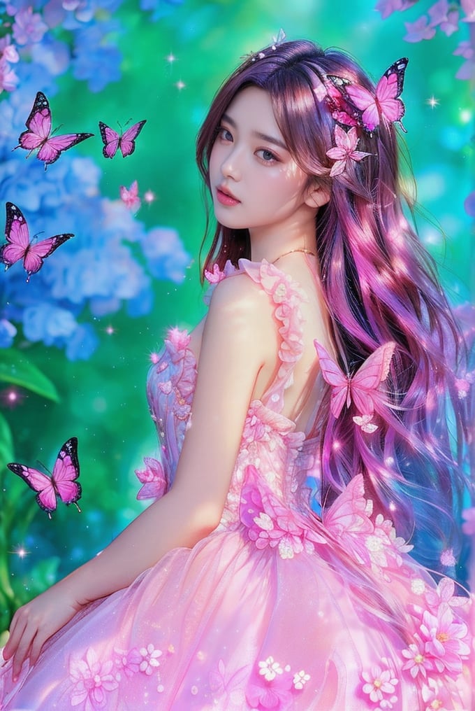 This image appears to be a digital artwork featuring a young woman, created in a highly realistic, yet slightly fantastical style. The composition focuses on the woman, who is looking over her shoulder, clad in a flowing pink gown adorned with flower details. She is surrounded by pink butterflies, complementing her attire. The background is a soft blur of blue and purple hues, suggesting a dreamlike garden setting. The lighting highlights her soft features and adds a magical glow to the scene, enhancing the ethereal quality of the artwork. Small sparkling details and the gentle play of light and shadow give the image a whimsical and enchanting atmosphere.