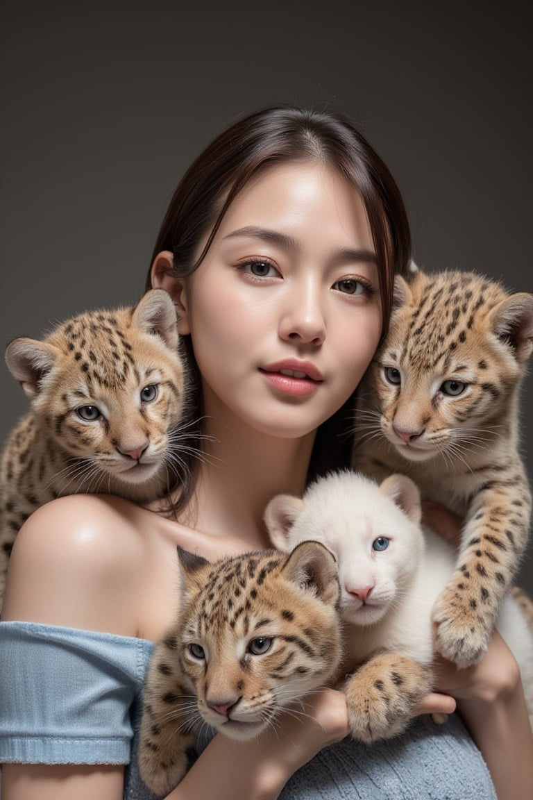 Real portrait photography, Taiwanese beauty, surrounded by several cute jaguar babies, little white lion babies, and short-legged cat babies, looking straight ahead with a smile, very beautiful