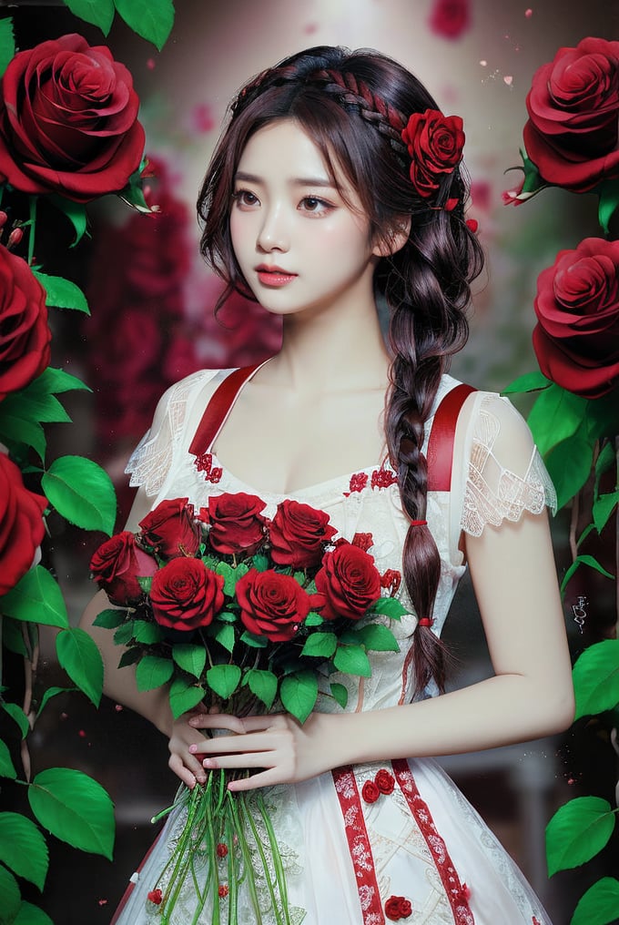 The image appears to be a high-quality, realistic digital artwork by AICardcat. The composition centers on a young woman holding a bouquet of red roses, which she looks at, evoking a sense of gentle elegance. She is dressed in a white lace-trimmed outfit with red accents. Her hair is styled neatly with a braid and adorned with small red roses. The background is filled with blooming red roses, adding a romantic atmosphere to the setting. The color palette predominantly features red and white, highlighting the floral theme and the subject's outfit. The artist's logo and copyright information are visible at the bottom of the image.