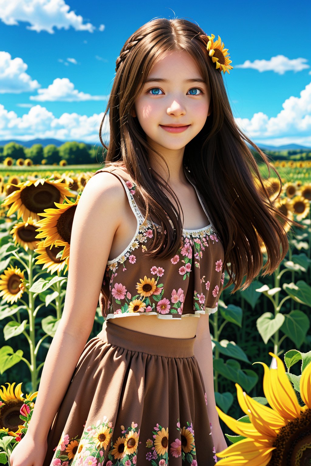 1girl, solo, long hair, looking at viewer, smile, bangs, blue eyes, skirt, brown hair, hair ornament, dress, flower, outdoors, parted lips, sky, day, looking back, cloud, hair flower, blue sky, floral print, sunflower, field, flower field