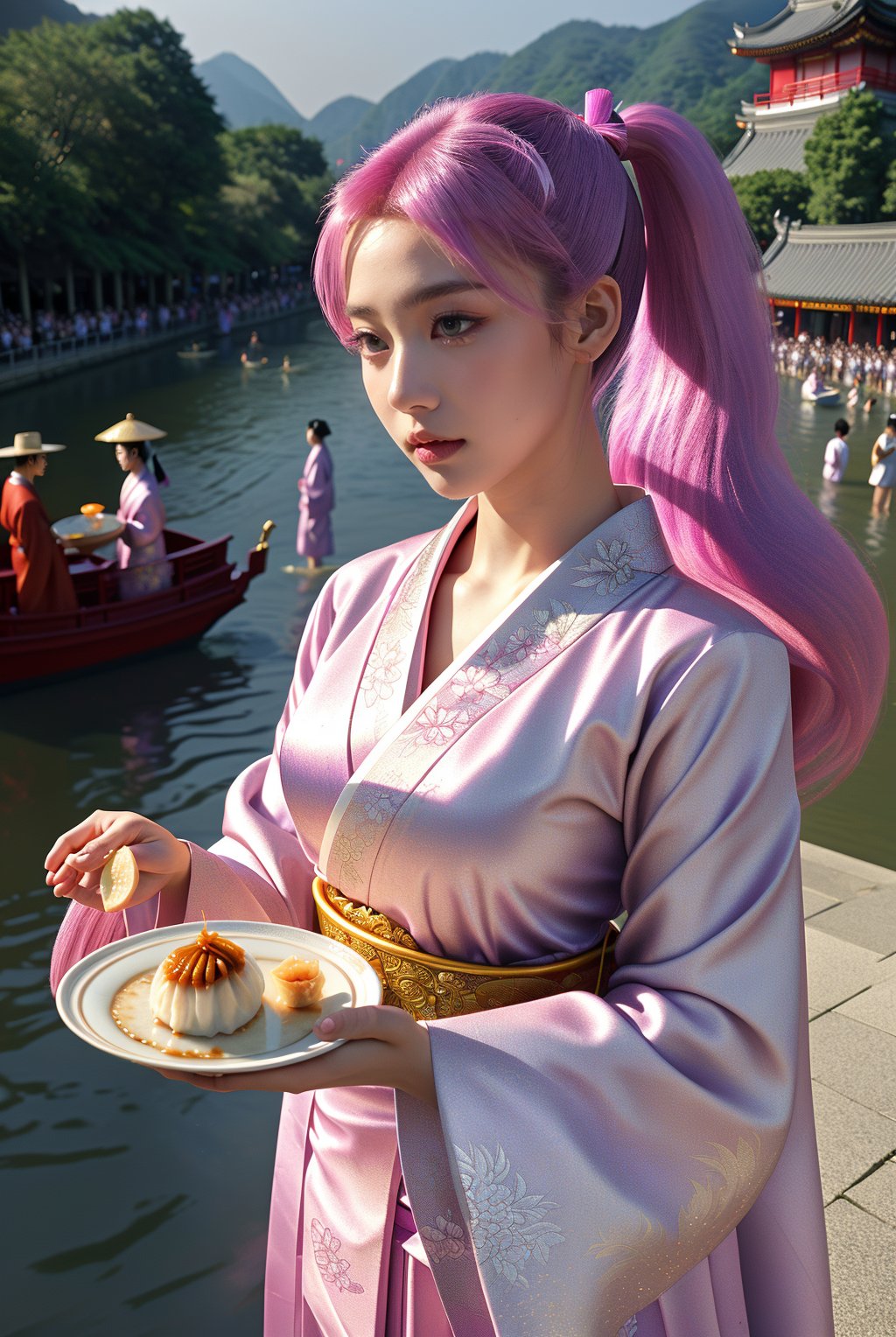 Masterpiece, real photo, (solo) real light and shadow, early morning, HDR backlighting, contour light, long pink and purple hair, twin ponytails, a cute Taiwanese beauty, wearing a gorgeous Japanese kimono, the clothing highlights her perfect body curves, she is holding A plate, a diamond rice dumpling, the background is some people rowing a Chinese dragon-shaped boat on the river, celebrating the Dragon Boat Festival, medium chest, elegant temperament, maple leaf earrings