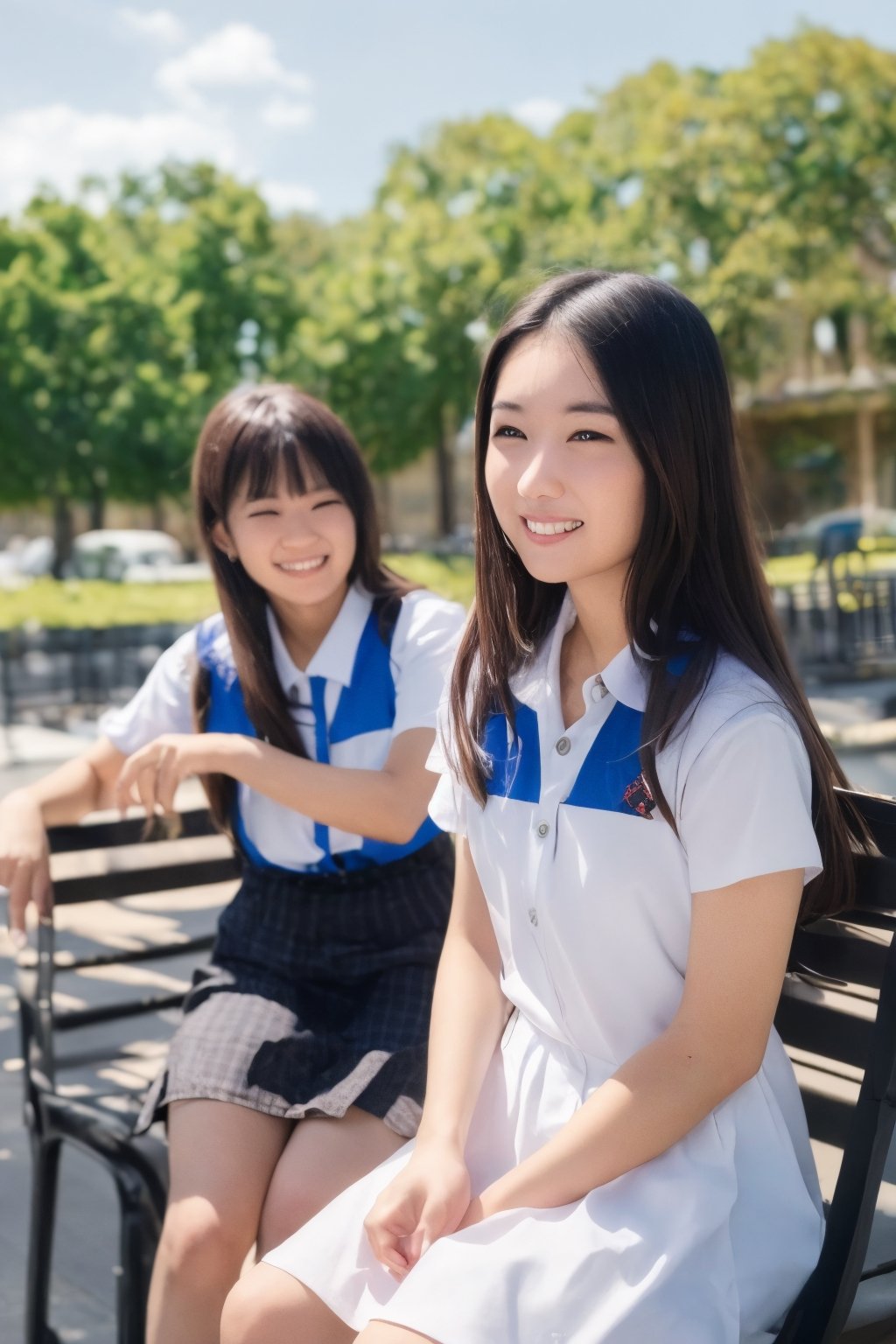 The image shows a young person wearing what appears to be a school uniform, consisting of a white shirt and a blue pinafore dress. The individual has long hair and is smiling at the camera. They are resting their arm on a surface, possibly a bench, and are leaning slightly forward. The background reveals a clear sky with some clouds and a building that might be part of a school complex, given the context of the uniform. Other people are visible in the background, but they are out of focus. The setting suggests it might be a break time at school or a casual school event.