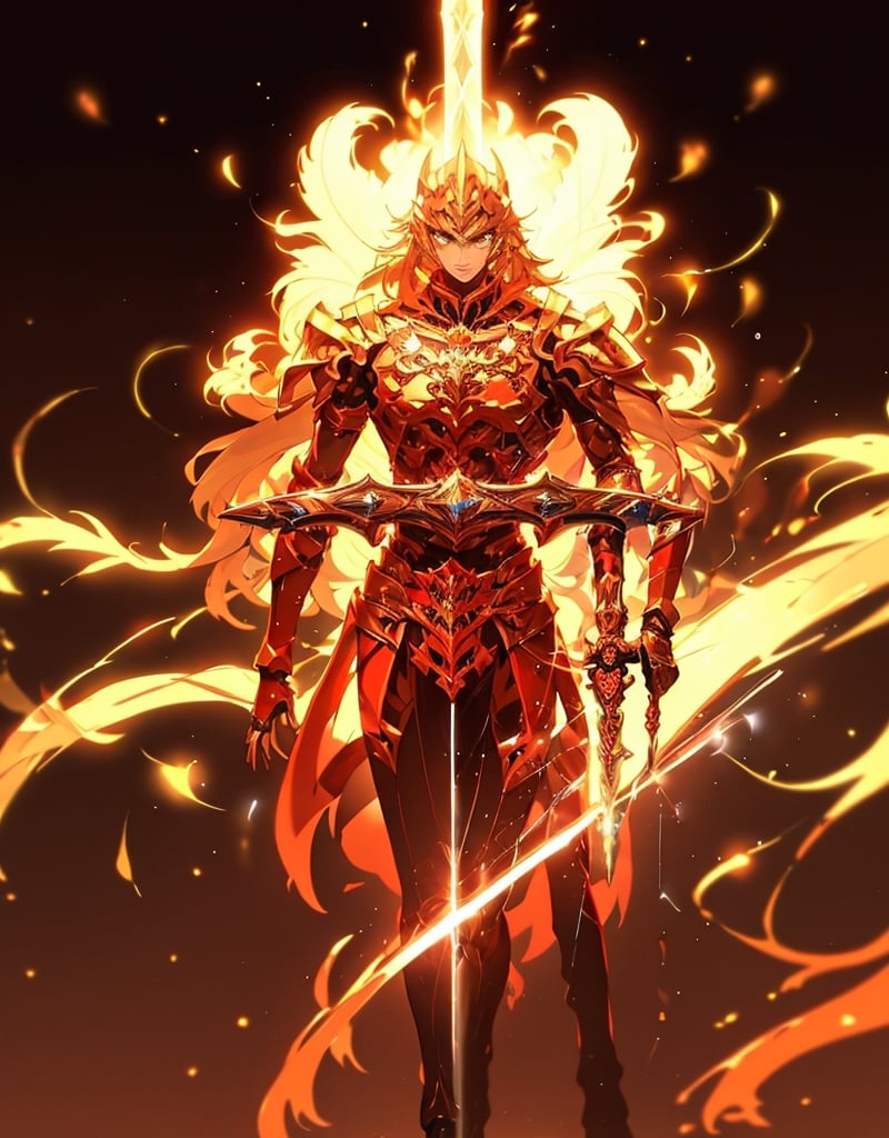 Anime character, dark villain, beautiful girl with side face, long hair flowing, (golden colorful headdress), two teenage girls back to back, (simple helmet) sparks to ashes, samurai holding sword, wearing contrasting armor, Witch skeleton pictures, (full body standing), ((far view)), (HD 8K), super wide angle, gorgeous background, original god, demon anime girl, angel anime girl, fantasy paladin person, dragon knight, spread your Black Winged Beast Genshin Impact, Anime 8k, Anime Fantasy Insertion, Genshin Impact, Tough and Cold Character, Detailed Key Animation Art, Ayaka Genshin Impact, Onmyoji Portrait, Random Weapon Shot Closeup, Comic Epic Artwork, Epic Fantasy Digital Art Style, Epic Fantasy Art Style, 8k High Quality Detailed Art, Epic Fantasy Art Style HD, Long shot, behind him, it's a golden glowing magic circle. , purifying flames, high-definition anime visual effects, full avatar of Magic Knight