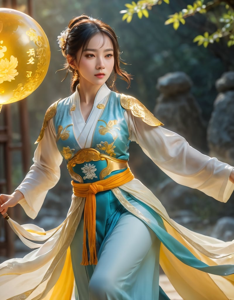 wide shot,8k,RAW photo,best quality,masterpiece,Professional,extreme detail description,Vivid Colors,Tyndall effect,dynamic pose, (1girl,full body),solo,looking at viewer,A woman holding a sword and wearing Hanfu, XianXia, glows with golden light, with a Tai Chi book in the background,Top quality opal jewelry on your head,(\hui mou\)